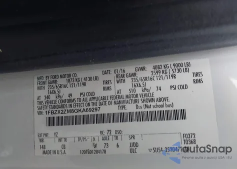 2016 Ford Transit-350 Xl/Xlt z USA, uszkodzony, nr VIN 1FBZX2ZM8GKA69297